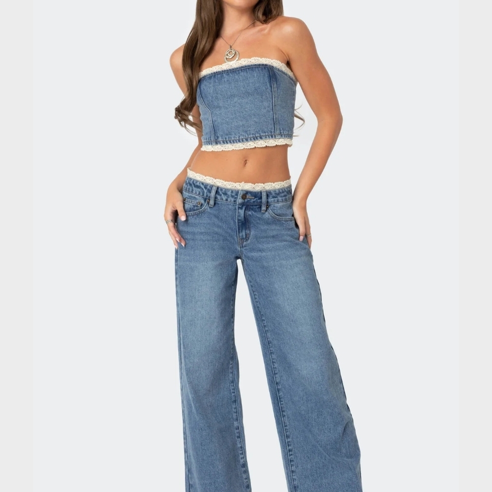 Karlie Lace Trim Denim Set By Edikted